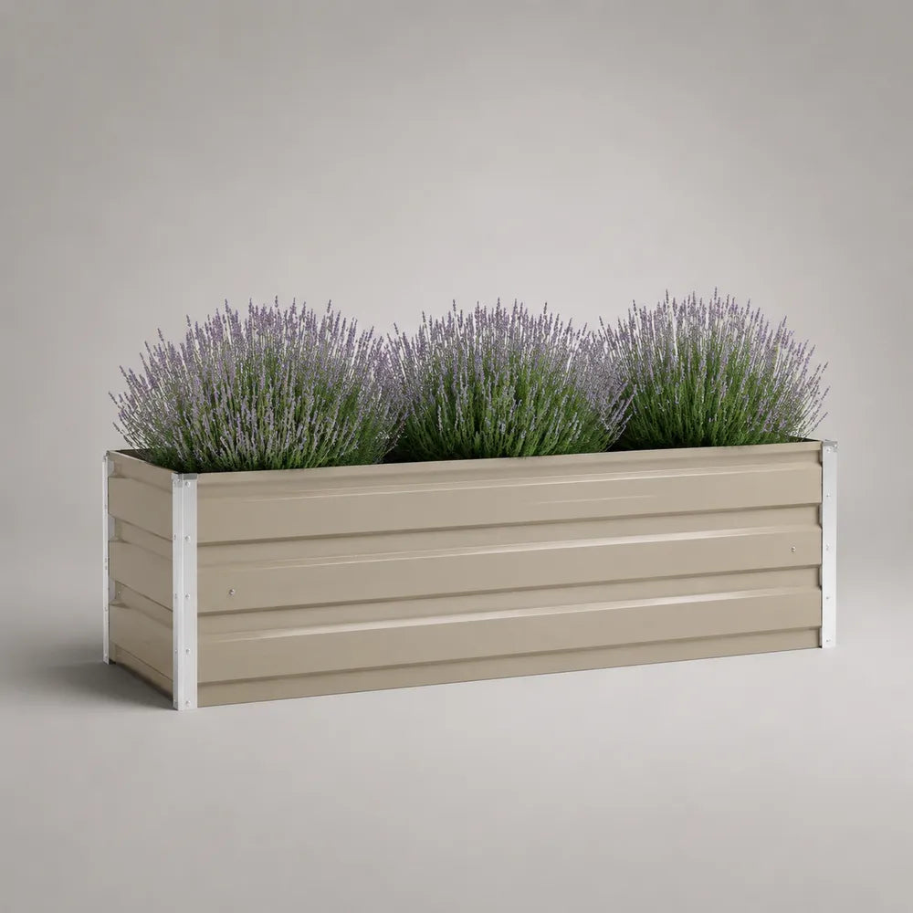Jardinière rectangulaire extérieure en acier galvanisé beige bac à fleurs nervuré 120 x 35 x 35 cm