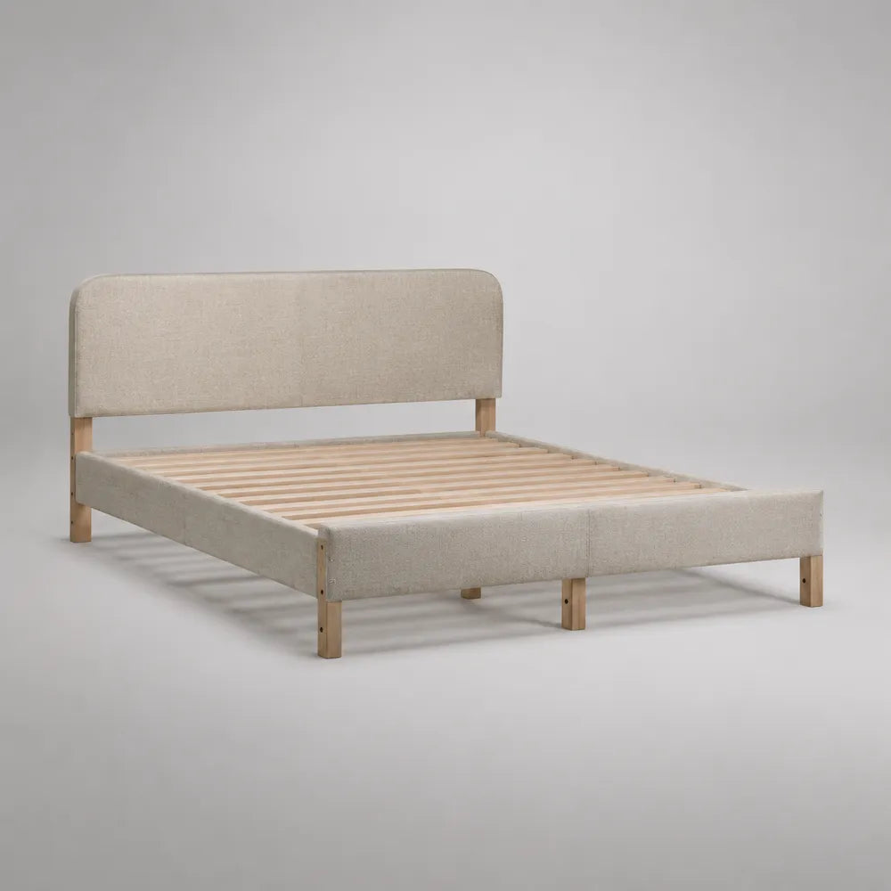 Lit double rembourré tissu polyester beige 160 x 200 cm cadre rectangulaire avec tête de lit