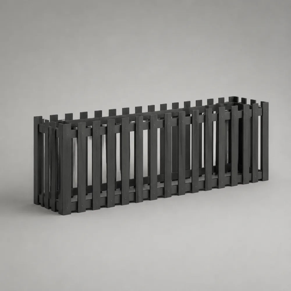 Jardinière rectangulaire extérieure en acier galvanisé noir avec structure à lattes 180 x 40 x 45 cm