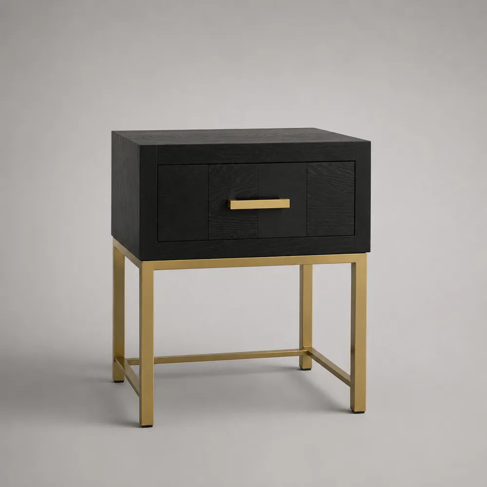 Table de chevet rectangulaire avec tiroir en MDF noir et cadre en acier doré 45 x 40 x 60 cm