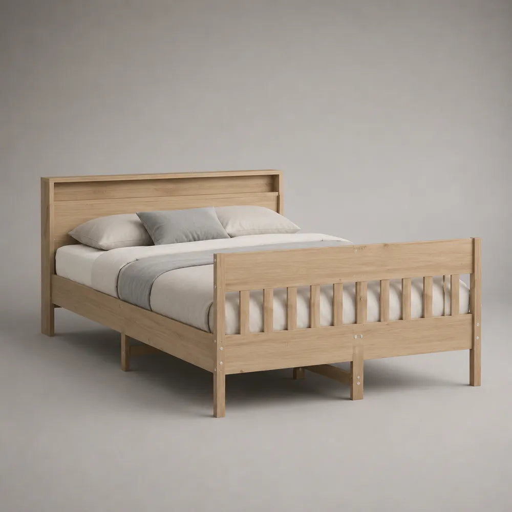 Lit double en bois finition chêne naturel avec tête de lit et pied de lit à barreaux 160 x 200 cm