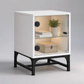 Table de chevet rectangulaire MDF blanc avec porte vitrée et pieds en acier noir 50 x 40 x 60 cm