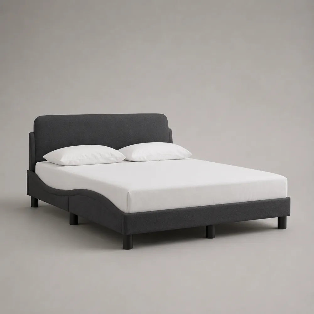 Lit double rectangulaire rembourré tissu polyester gris foncé avec tête de lit arrondie 160 x 200 cm
