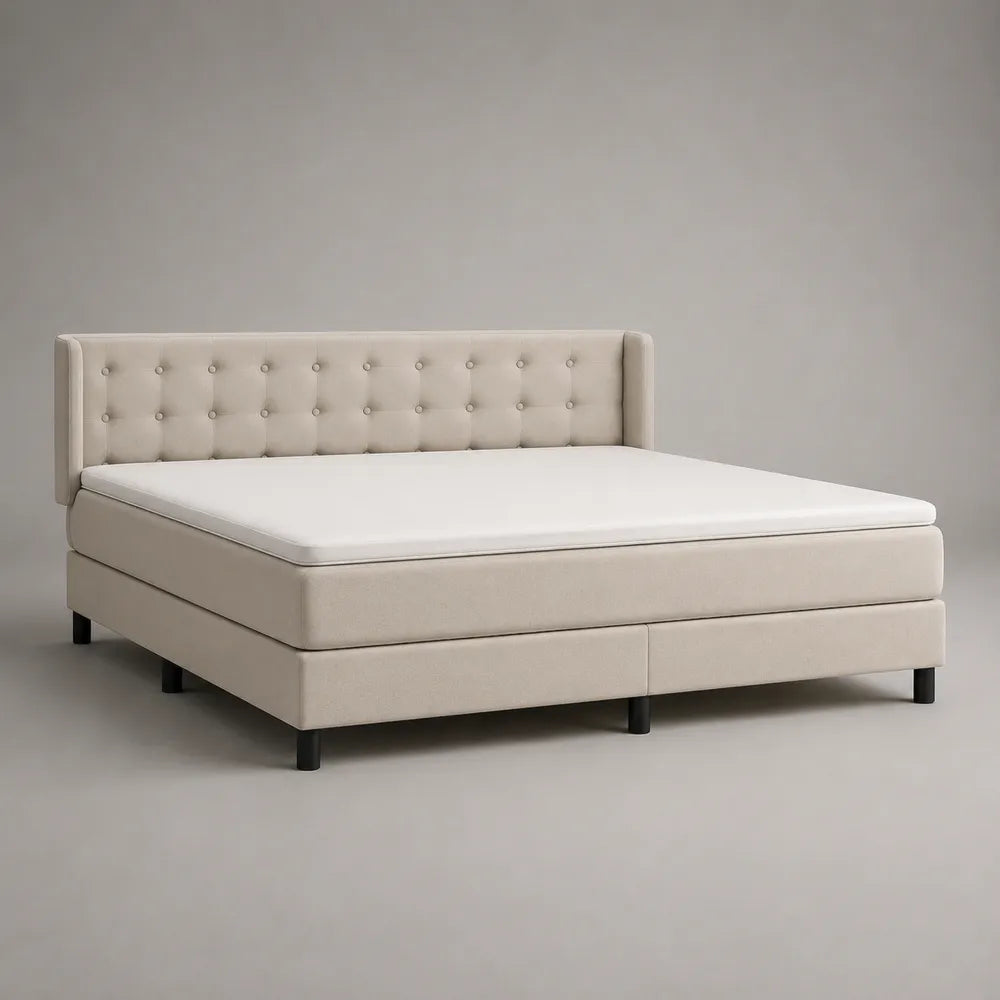 Lit double rembourré en tissu polyester beige avec tête de lit capitonnée à boutons 160 x 200 cm
