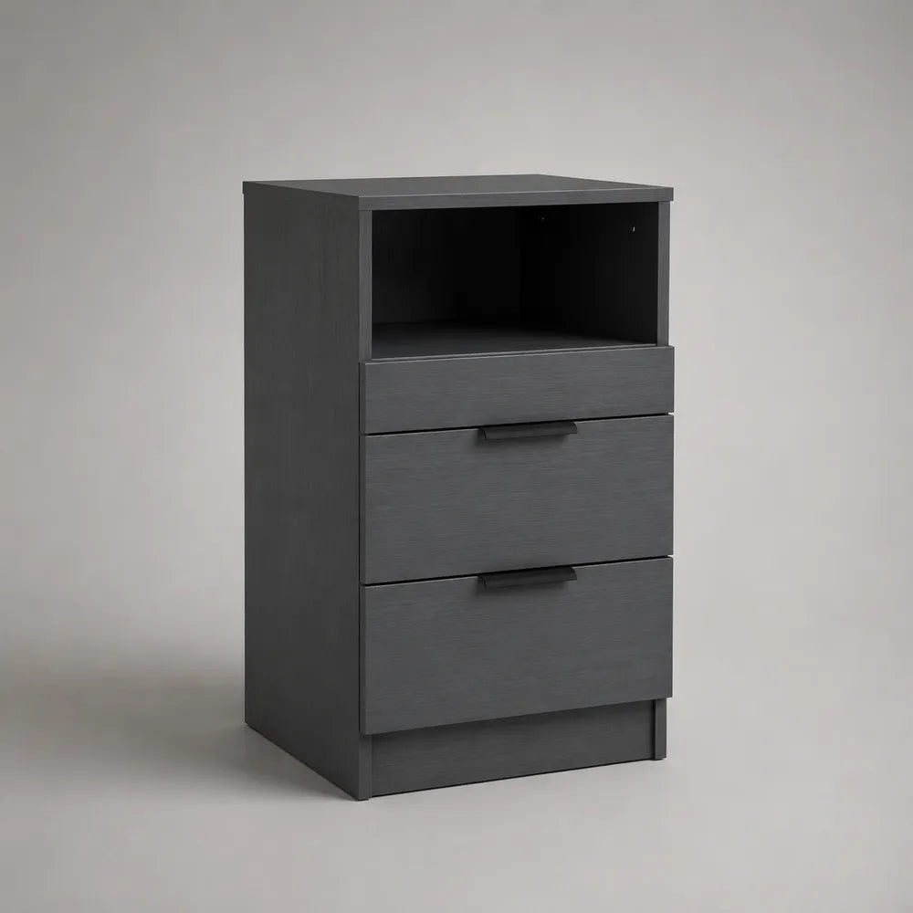 Table de chevet 3 tiroirs avec niche ouverte en MDF noir 50 x 40 x 70 cm