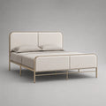 Lit double rembourré en tissu polyester beige avec cadre en acier rectangulaire arrondi 160 x 200 cm