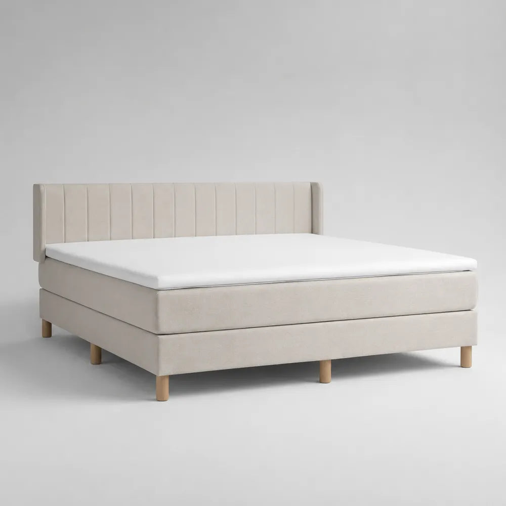 Lit double rembourré en tissu polyester beige avec tête de lit verticale 160 x 200 cm