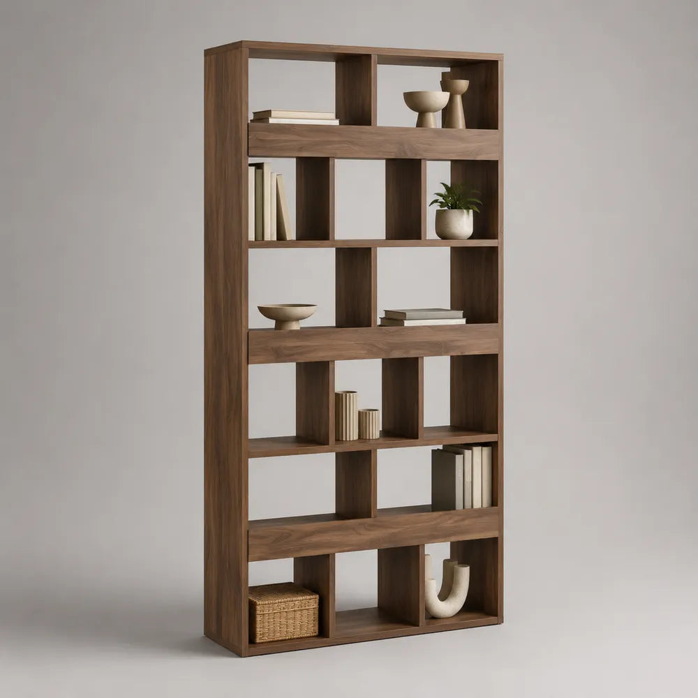 Bibliothèque sur pied 100 cm en MDF effet noyer marron avec étagères ouvertes rectangulaire