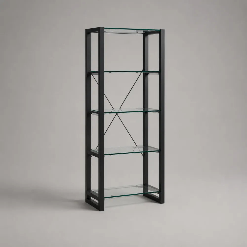 Étagère sur pied 5 niveaux en acier noir et verre trempé transparent rectangulaire 80x35x180 cm