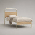 Lit une place rectangulaire acier blanc et MDF effet bois beige avec tête de lit 90 x 200 cm