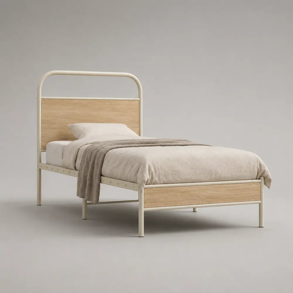 Lit une place rectangulaire acier blanc et MDF effet bois beige avec tête de lit 90 x 200 cm