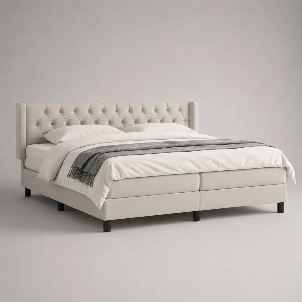 Lit double rembourré en tissu polyester blanc avec tête de lit capitonnée rectangulaire 160 x 200 cm
